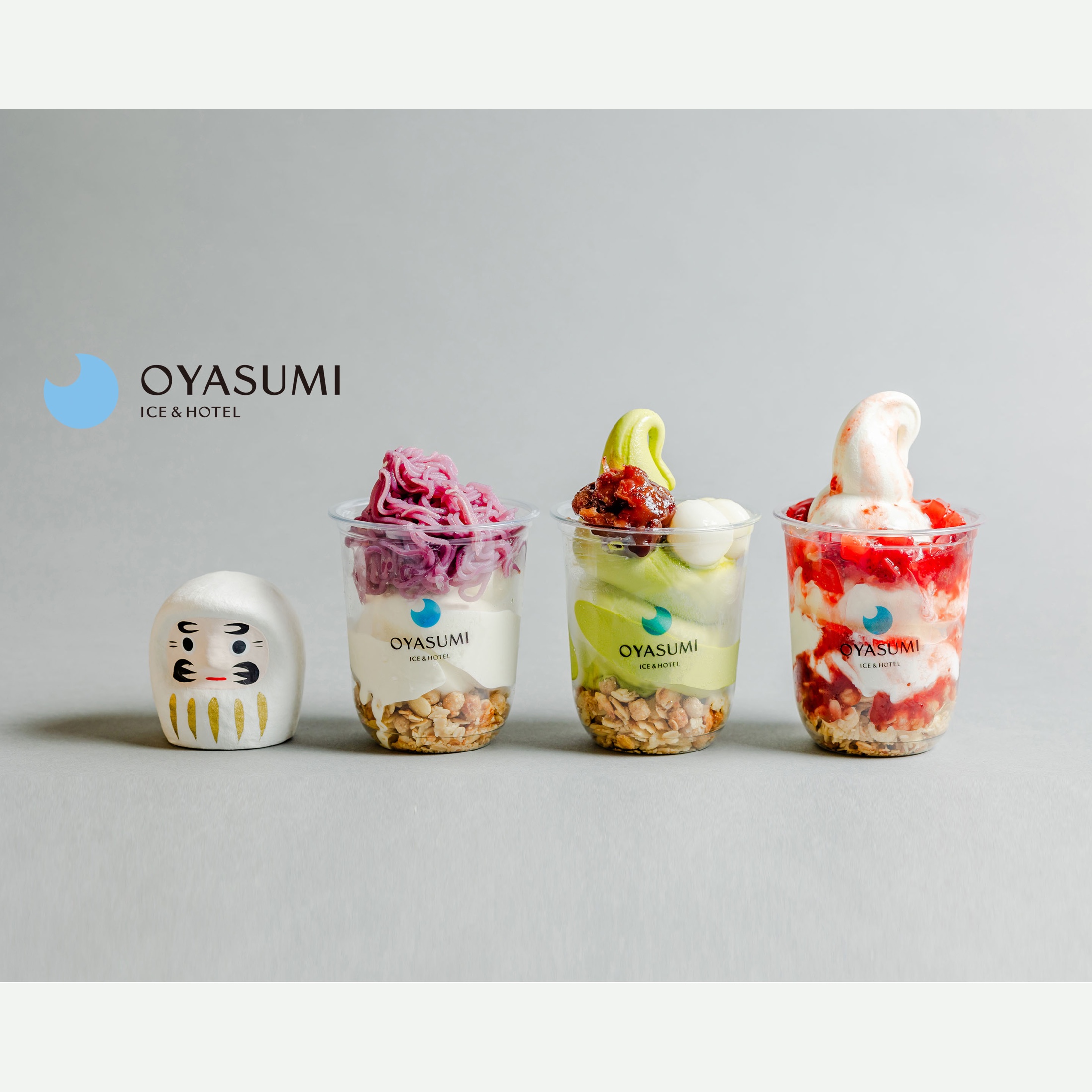 OYASUMI ICE & HOTEL冰淇淋產品與品牌標識